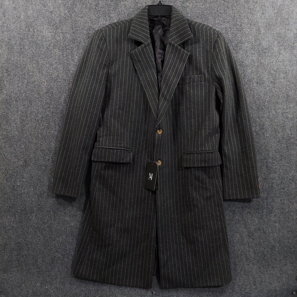 Mrbuerly Coat Mens 2XL Gray Pinstripe Long Overcoat Lined Single Breasted Formal